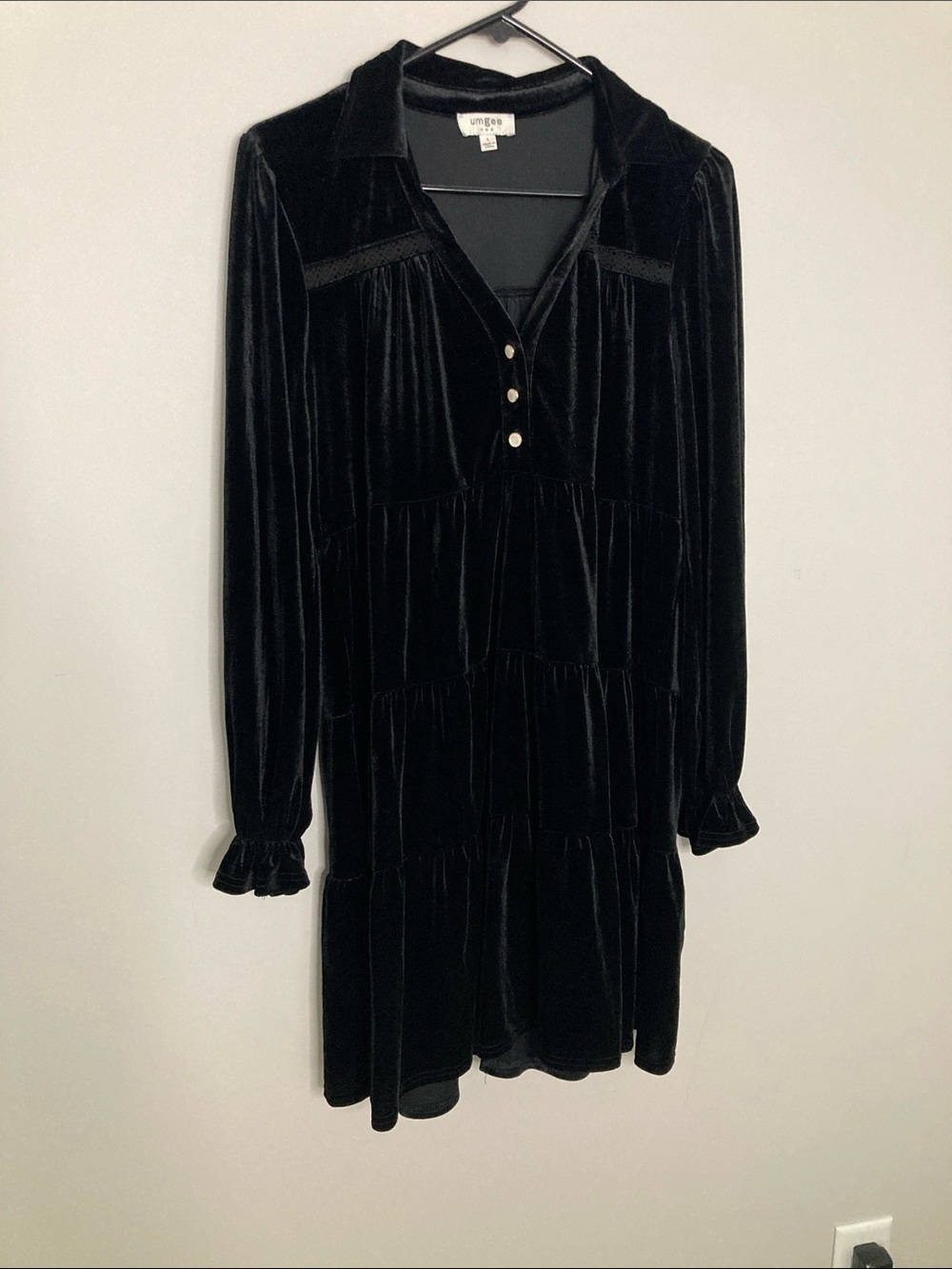 Umgee Black Velvet Tiered Collared Long Sleeve Dress Goth